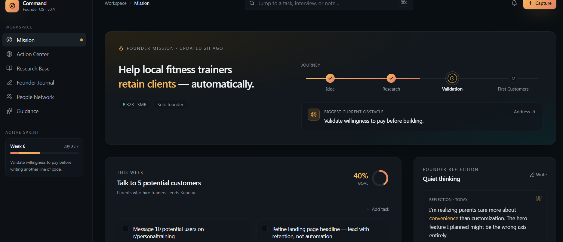 Founder OS workspace showing the Mission dashboard with journey progress, weekly goals, and founder reflection